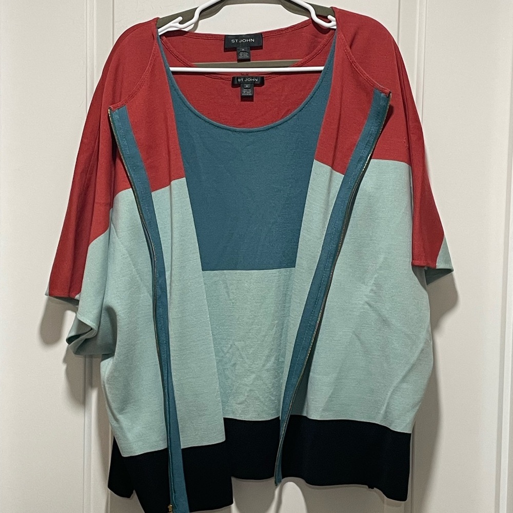 ST JOHN XL Mint Julep Cinnabar Black Caviar Colorblock Sleeveless Wool Knit Tank - Picture 5 of 15